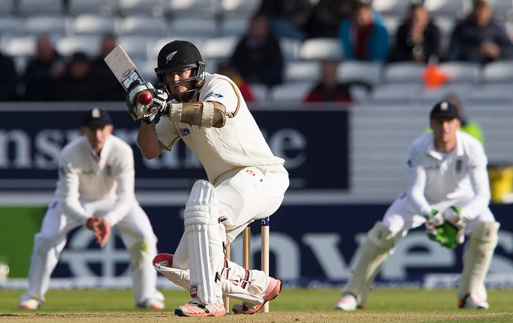 New Zealand's Luke Ronchi plays a shot off a ball from England's Stuart Broad on the first day of the second Test match between England and New Zealand at Headingley cricket ground in Leeds, England.