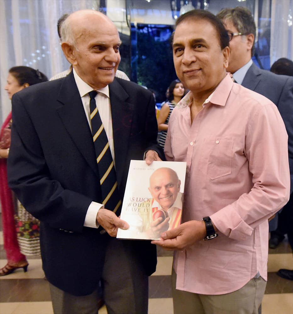 Indian veteran cricketer Madhav Apte and former captain Sunil Gavaskar during the Madhav Aptes As Luck Would Have It book launch in Mumbai.