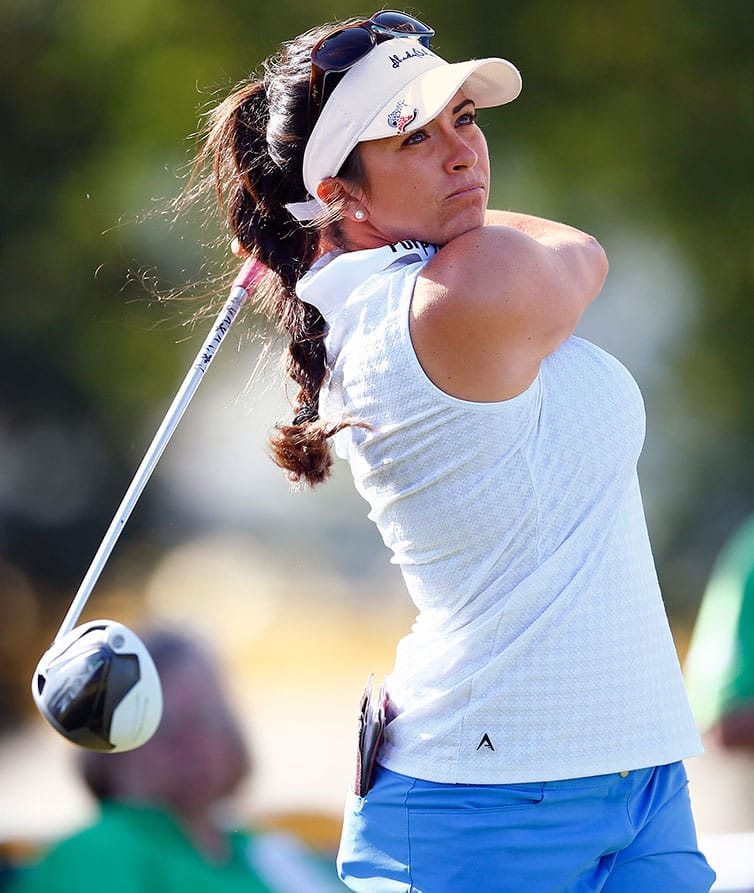 Gerina Piller hits her tee shot on the first hole during the second round of the ShopRite LPGA Classic golf tournament, in Galloway Township, N.J. 