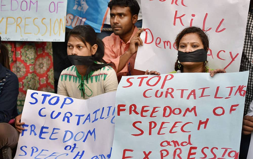 NSUI students protesting near the National Media Centre where Union HRD Minister Smriti Irani was attending a programme in New Delhi.