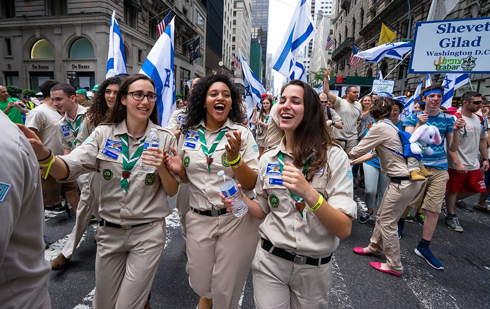 A delegation of Israel Scouts march along Fifth Ave. during the Celebrate Israel Parade, in New York. 