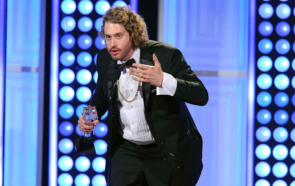 T.J. Miller accepts the award for best supporting actor in a comedy series for “Silicon Valley” at the Critics' Choice Television Awards.