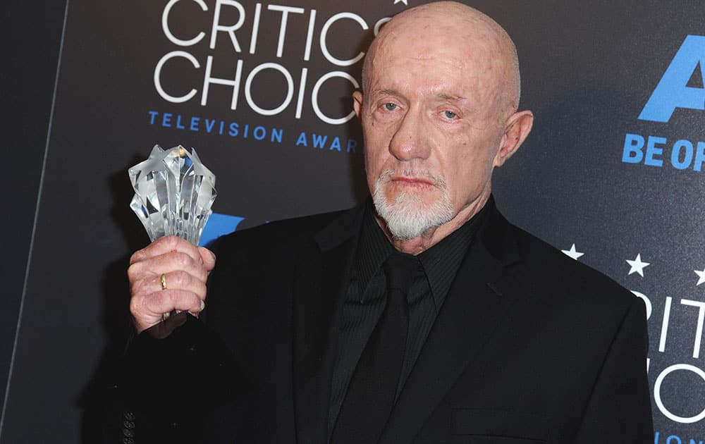 Jonathan Banks poses in the press room with the award for for best supporting actor in a drama series for “Better Call Saul” at the Critics' Choice Television Awards.