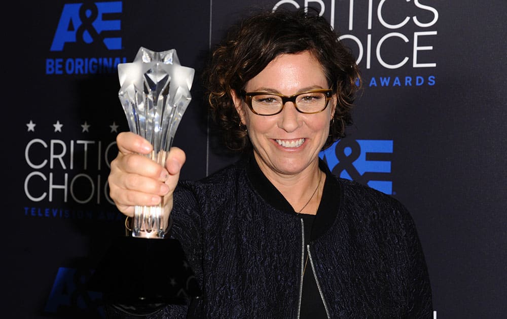 Lisa Cholodenko poses in the press room with the award for best limited series for “Olive Kitteridge” at the Critics' Choice Television Awards.