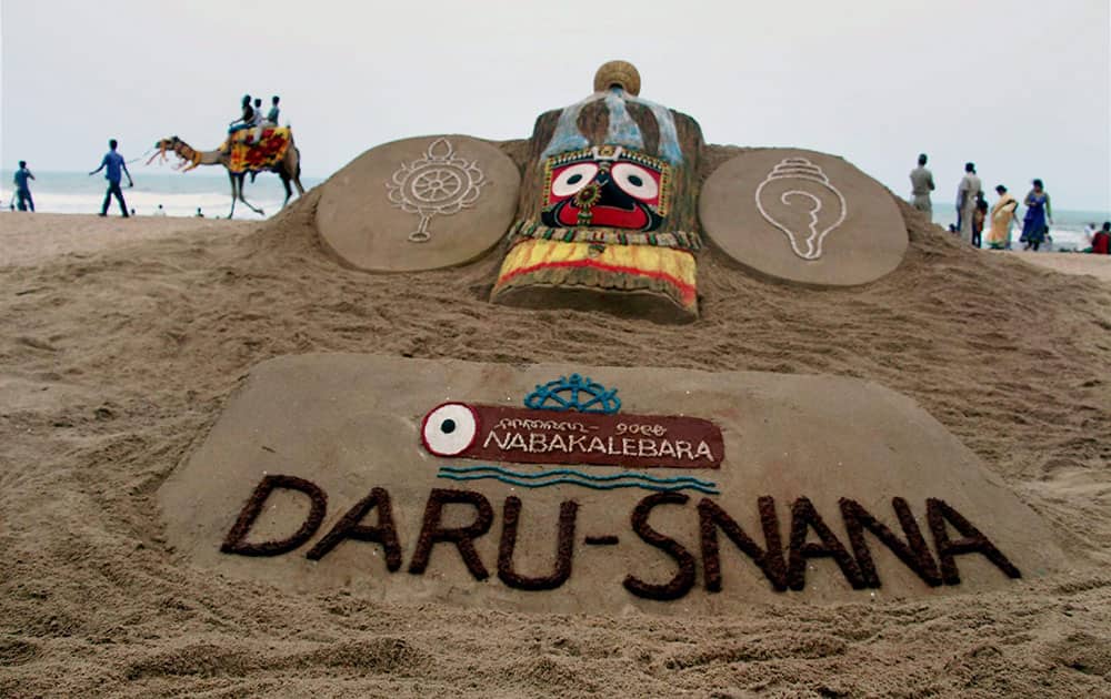 Puri: Sand artist Sudarsan Pattnaik has created a sand sculpture of Lord Jagannath on the occasion of Devasnana Purnima.