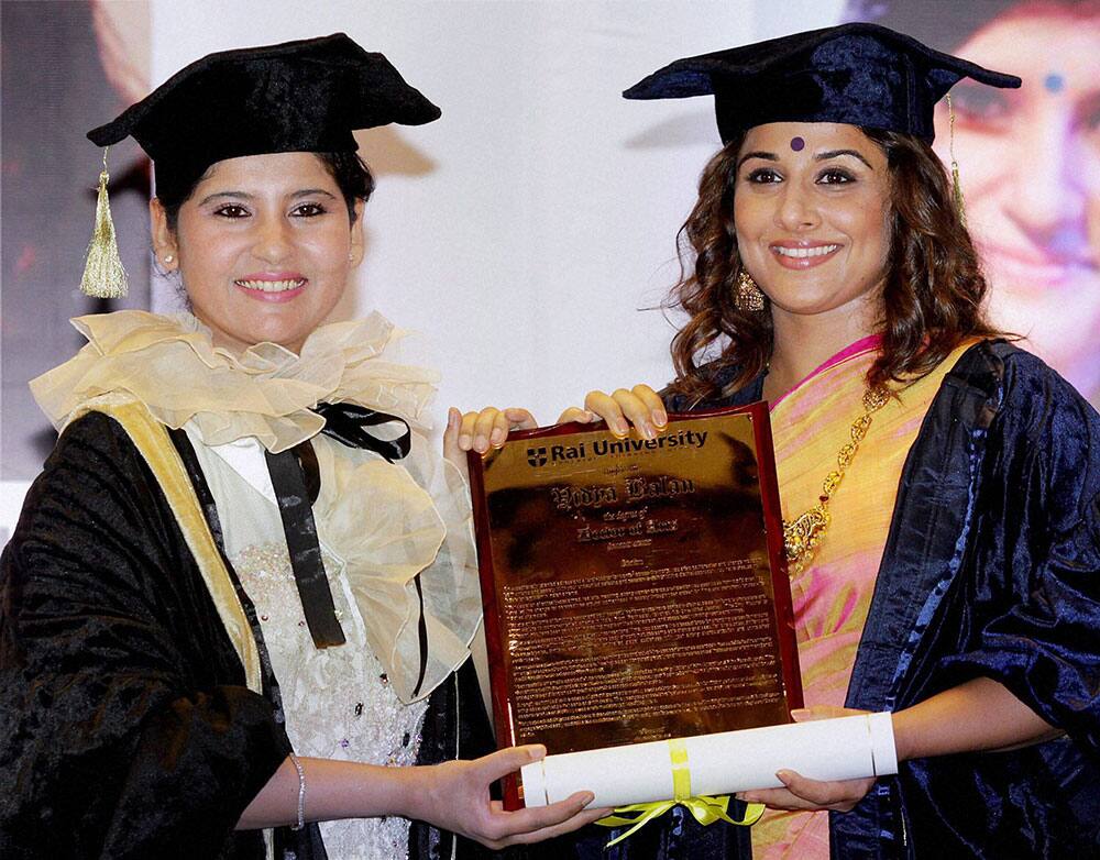 Bollywood actress Vidya Balan conferred with degree of Doctor of Arts Honoris Causa by Rai University in Mumbai.