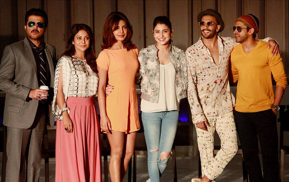 Bollywood actors Anil Kapoor, Priyanka Chopra, Anushka Sharma, Ranveer Singh, Shefali Shah and Farhan Akhtar at a promotional event of their upcoming film Dil Dhadakne Do in Gurgaon.