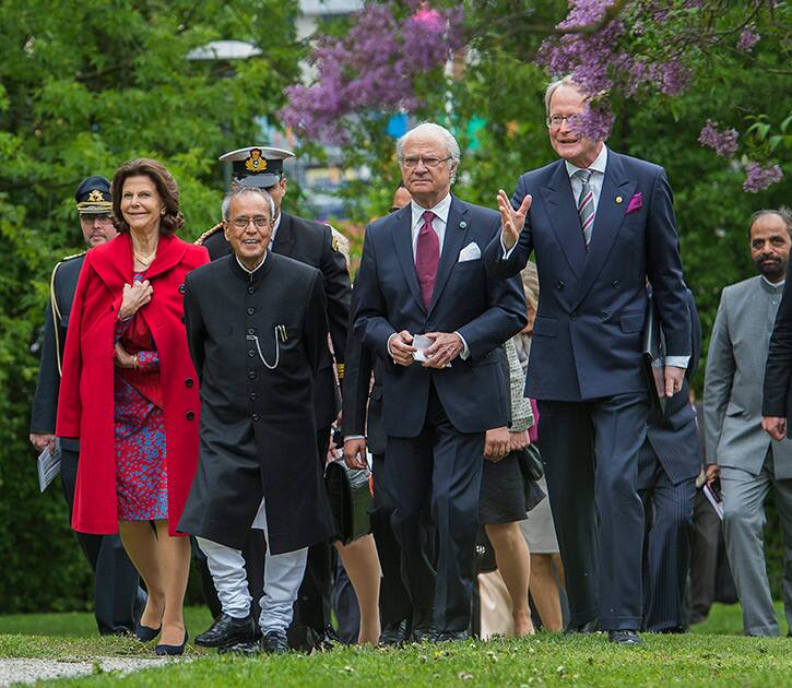 Sweden's Queen Silvia, India's President Shri Pranab Mukherjee, Sweden's King Carl Gustaf and Professor Anders Hamsten, President of the Karolinska Institute (KI) during a visit to the Nobel Forum at KI in Stockholm, Sweden.