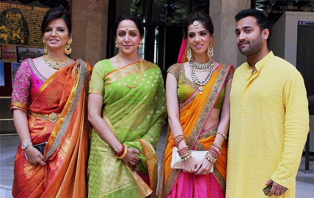 Bollywood actor Hema Malini and fashion designer Neeta Lulla at the wedding ceremony of the latters daughter Nishika Lulla and Dhruv Mehra in Mumbai.