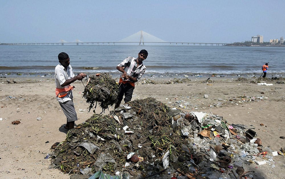 Municipality workers cleaning a beach on the eve of World Environment Day in Mumbai.