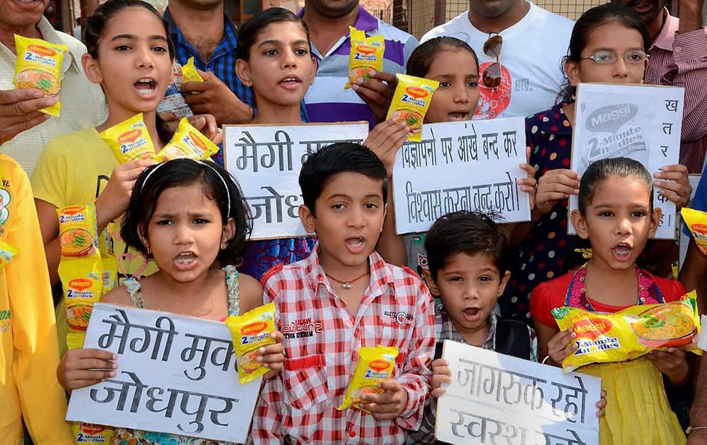 Children participate in an protest against Maggi in Jodhpur.