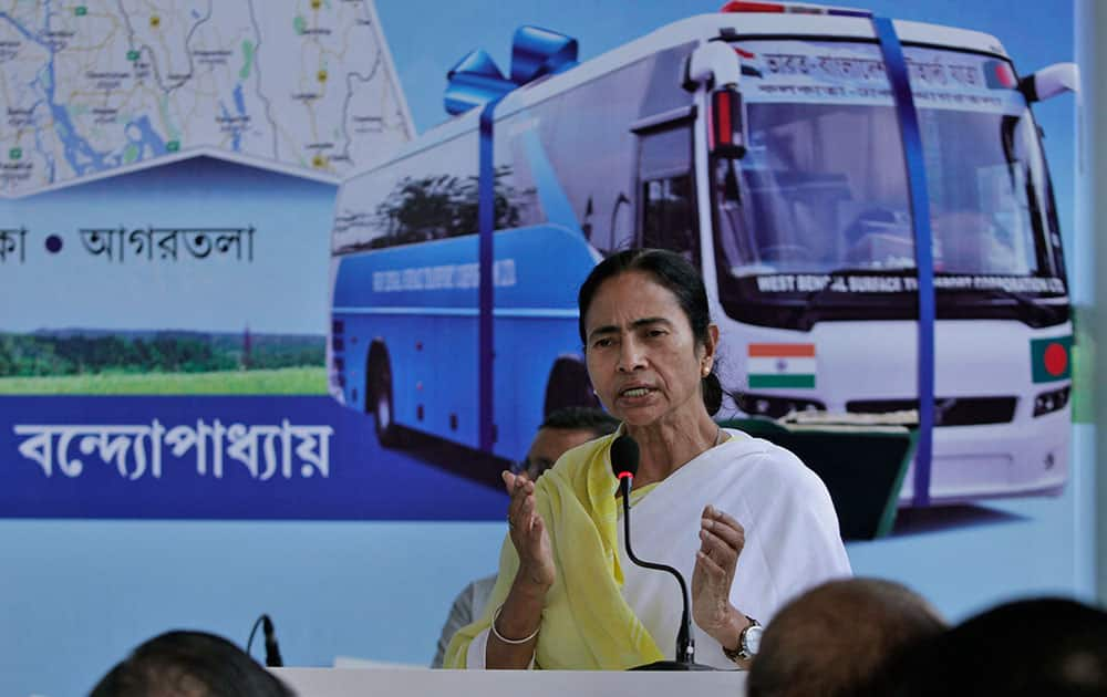 West Bengal Chief Minister Mamata Banerjee delivers a speech during the flagging off ceremony of the Kolkata-Dhaka-Agartala bus service, in Kolkata, India.