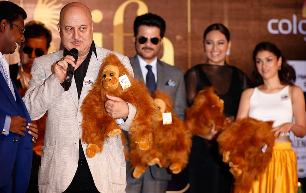 Anupam Kher speaks during the International Indian Film Awards (IIFA) press conference in Kuala Lumpur, Malaysia. The 16th IIFA is scheduled for June 5-7 in Malaysia. 