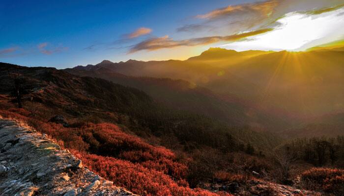 Sunrise in a valley in Sikkim