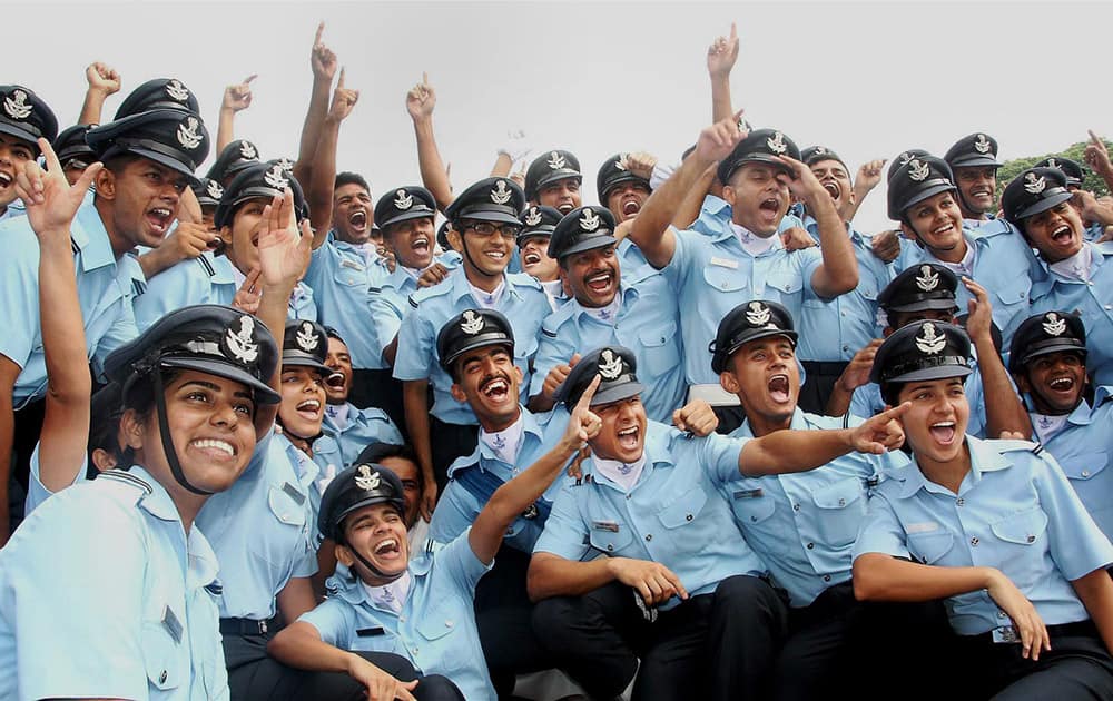 Aeronautical Engineers celebrate after their graduation parade at Air Force Station in Bengaluru.