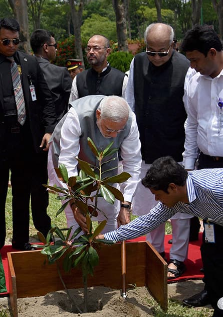 Prime Minister Narendra Modi planting a sapling at National Martyrs Memorial, in Dhaka.