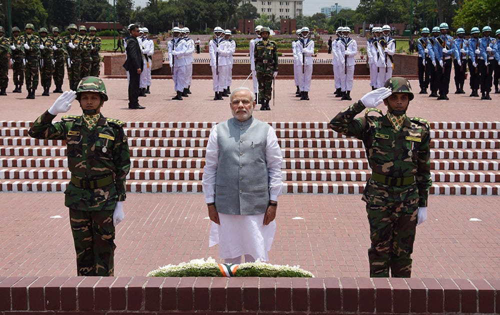 Prime Minister Narendra Modi paying homage at National Martyrs Memorial in Dhaka.