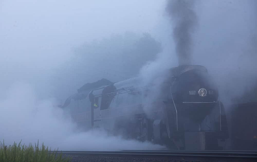 Norfolk & Western 611 sits in the fog in Manassas, Va., shortly before heading to the station to pick up passengers for its inaugural excursion run since the steam locomotive underwent restoration. The locomotive pulled passenger cars to Front Royal, Va. and back. 