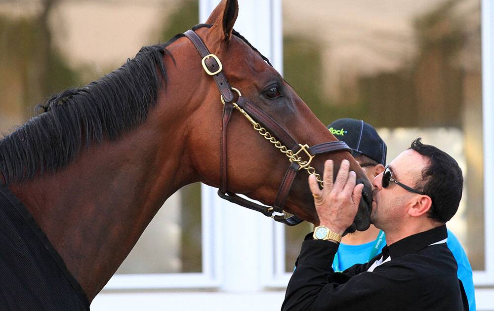 Exercise rider Jorge Alvarez kisses American Pharoah on the nose after American Pharoah won the 147th running of the Belmont Stakes horse race to win the first Triple Crown in 37 years at Belmont Park, in Elmont, N.Y. 