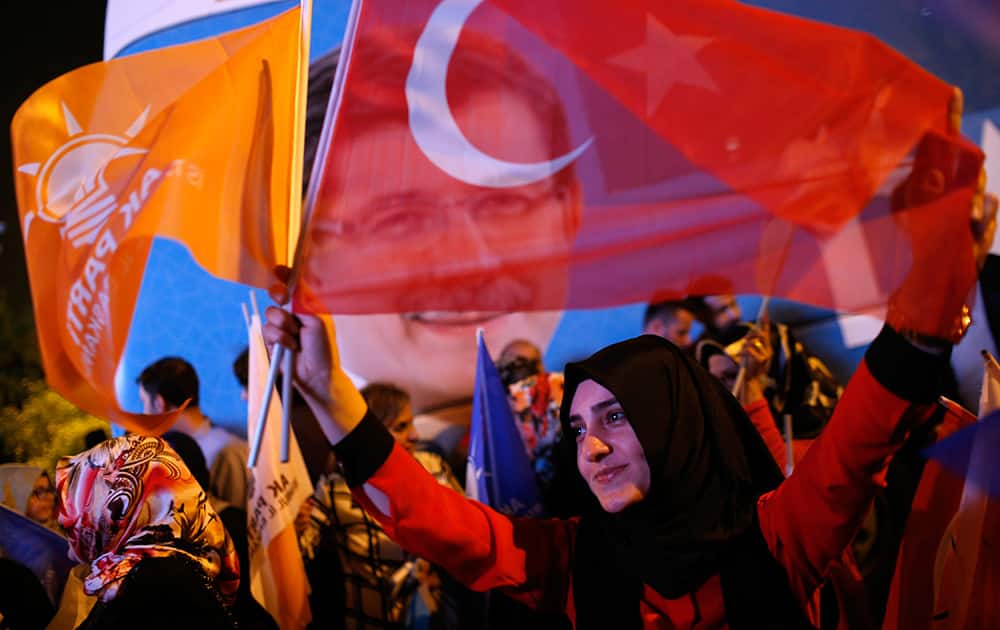 Supporters of Turkey's ruling Justice and Development Party celebrate over the election results in Istanbul,Turkey.