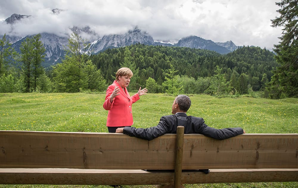 German chancellor Angela Merkel speaks with U.S. president Barack Obama at Schloss Elmau hotel near Garmisch-Partenkirchen, southern Germany.