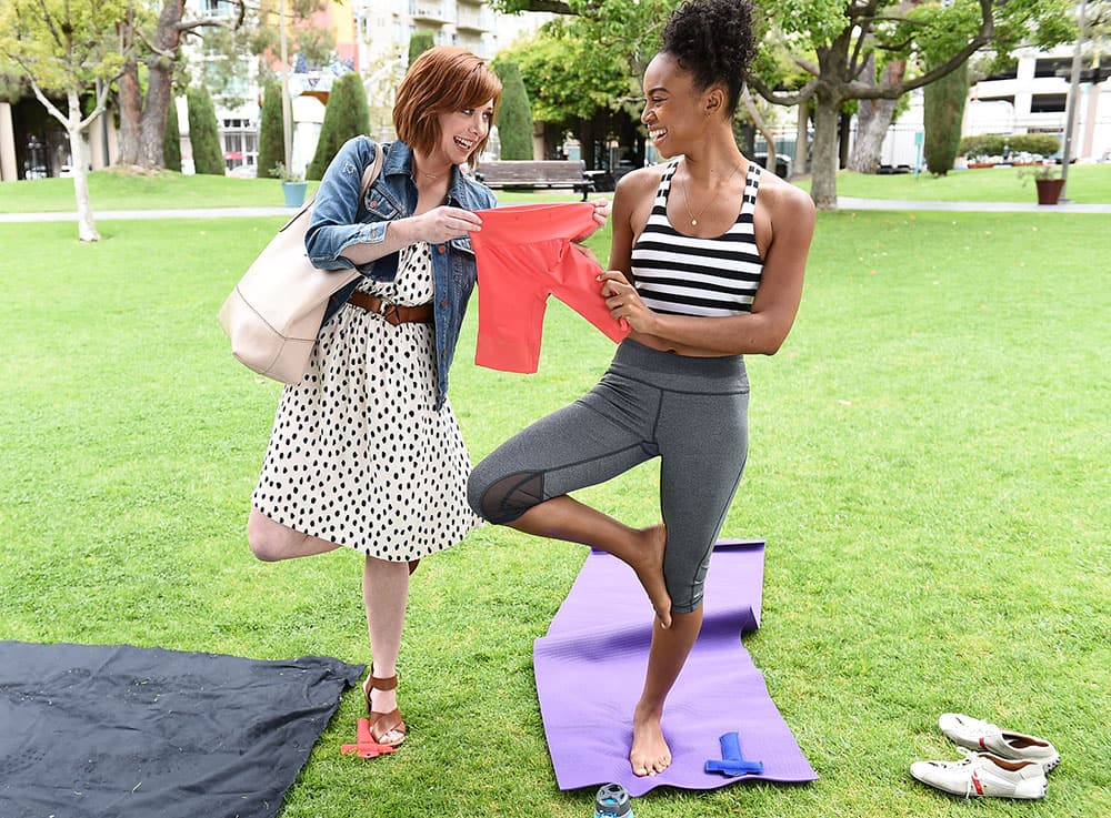 Actress Alyson Hannigan passes out Jockey Skimmie slipshorts to help women avoid embarrassing fashion mishaps while filming scenes for The SolutionaryT video series.