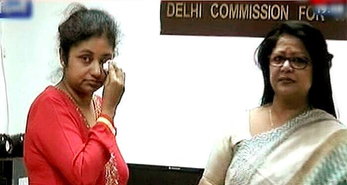 Lipika, the wife of a senior AAP leader Somnath Bharti meeting the Delhi Commission for Women chief Barkha Singh in New Delhi on Wednesday to file complaint agaist the Malviya Nagar legislator of domestic abuse.