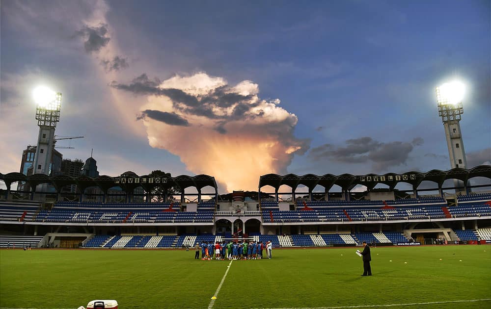 Oman football players during a practice session on the eve of their FIFA World cup 2018 qualifying match against India at Kanteerava stadium in Bengaluru.
