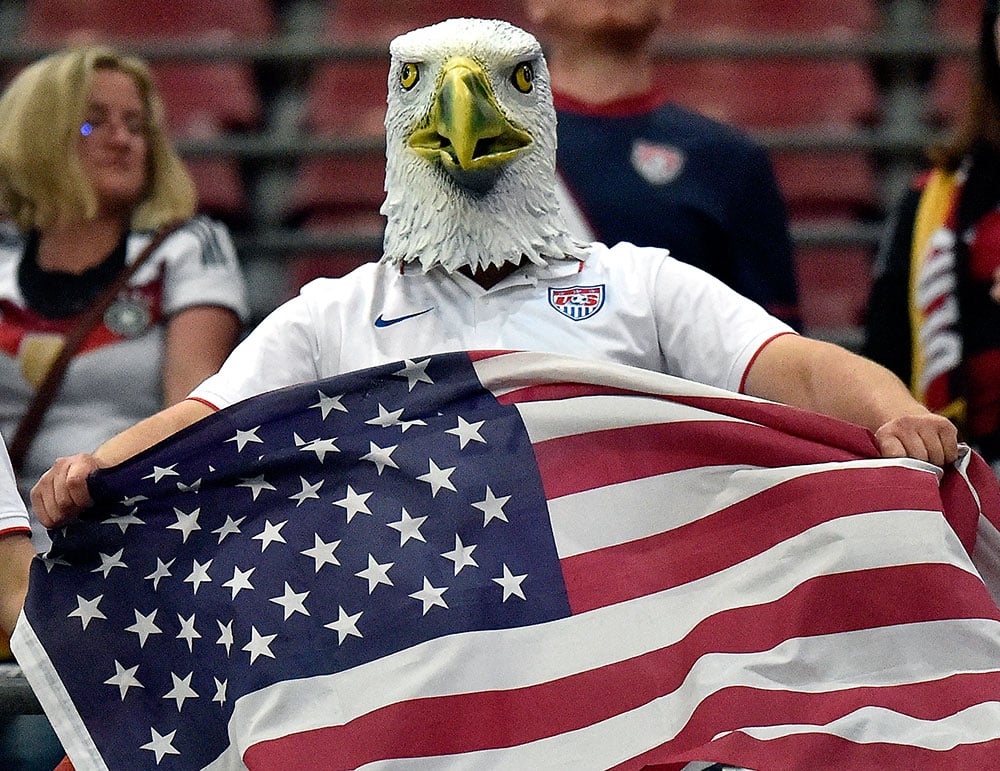 A supporter of the US team wears an American Eagle mask after the soccer friendly match between Germany and the United States in Cologne, western Germany.