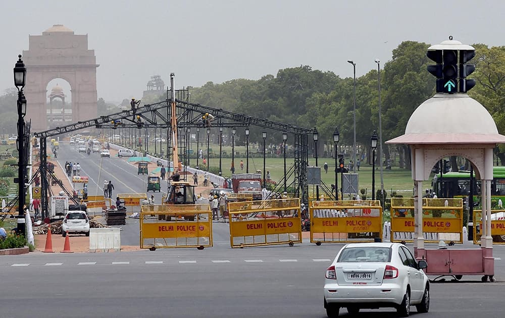 Preparations underway for the upcoming Yoga Day celebrations at Rajpath in New Delhi.