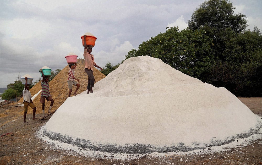 Labourers collecting salt in the salt pans before the monsoon rain near Airoli creek in Mumbai.