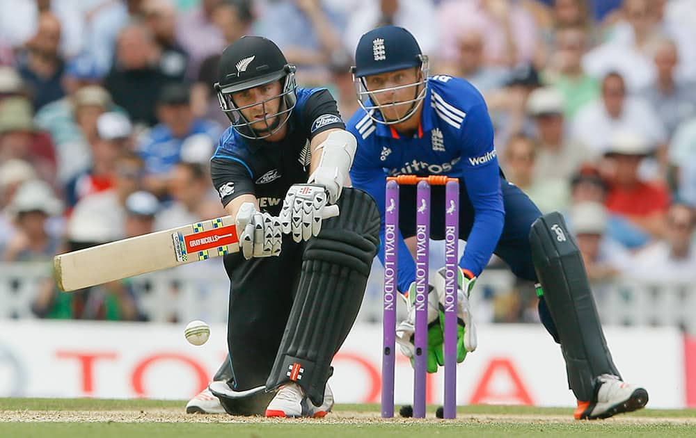 New Zealand's Kane Williamson plays a shot off the bowling of England's Joe Root during the one day international match at the Oval cricket ground in London.