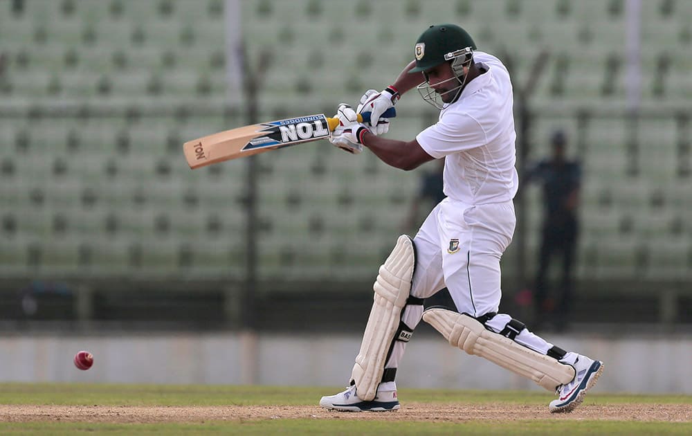 Bangladesh’s Imrul Kayes plays a shot during the fourth day of their test cricket match against India in Fatullah, Bangladesh.