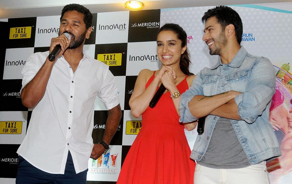 Varun Dhawan, Shradha Kapur and Director Prabhu Deva during the promotion of their new movie ABCD 2 in Bengaluru.