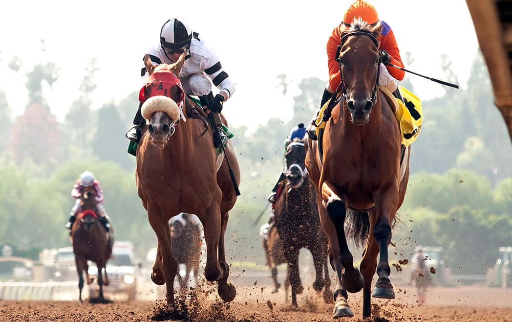 Beholder, right, with Gary Stevens aboard, shakes off Warren's Veneda, left, with Tyler Baze aboard to win the $100,000 Grade III Adoration Stakes horse race, at Santa Anita Park in Arcadia, Calif.