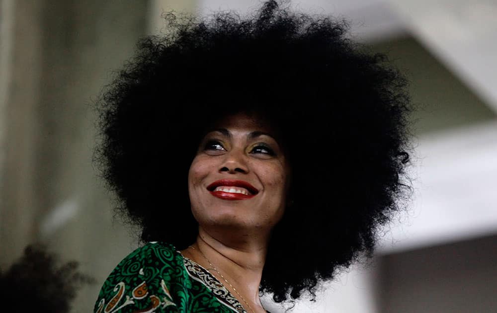 Runner-up contestant Yanely Salgado, 31, displays her hairdo on stage during an Afro hair contest in Havana.