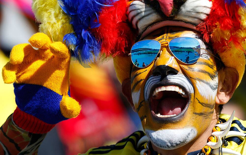 A Colombian fan cheers before the start of a Copa America Group C soccer match between Colombia and Venezuela at El Teniente stadium in Rancagua, Chile.