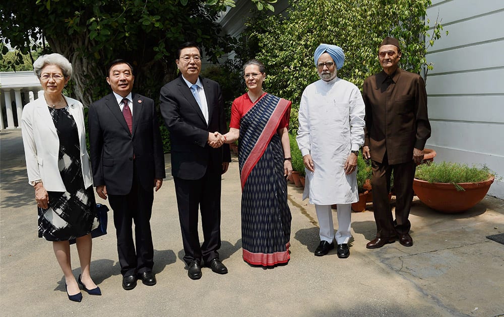 Chairman of the Standing Committee of the National People’s Congress of China, Zhang Dejiang meeting Congress President Sonia Gandhi at her residence in New Delhi on Tuesday. Former Prime Minister Manmohan Singh and Congress MP Karan Singh are also seen.