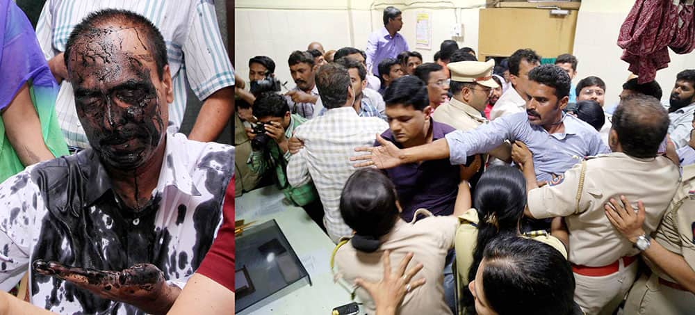 A suspected NCP activist blackened face of Resident Medical Officer Raghunath Rathod following the incident of civil hospital ignoring an injured woman in Mumbai.