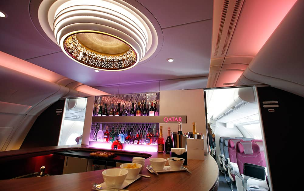 Interior view of the lounge bar in the second floor deck of the Airbus A380 of Qatar Airways presented at the Paris Air Show, in Le Bourget airport, north of Paris.