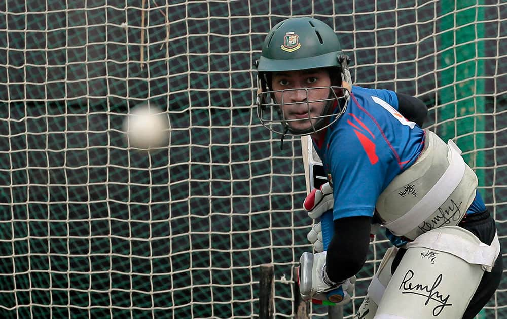 Bangladesh’s Mushfiqur Rahim bats in the nets in Dhaka, Bangladesh.