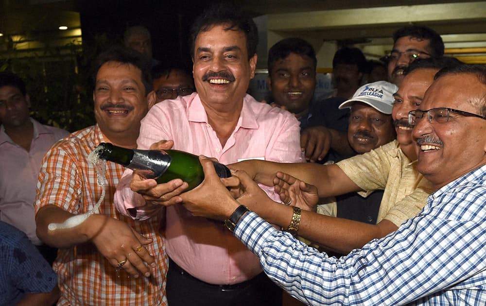 Former cricketer Dilip Vengsarkar celebrates his victory after results of the Mumbai Cricket Association (MCA) elections in Mumbai.