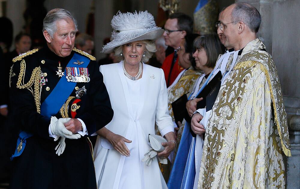 Britain's Prince Charles and Camilla, The Duchess of Cornwall leave after attending a commemoration service for the 200th anniversary of the Battle of Waterloo, at St Paul's Cathedral in London.