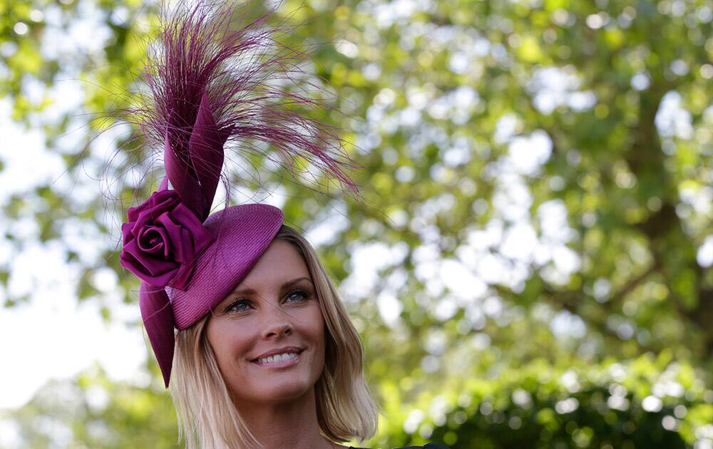 Maline Jefferies wears an ornate hat on the third day of the Royal Ascot horse racing meet at Ascot, England.