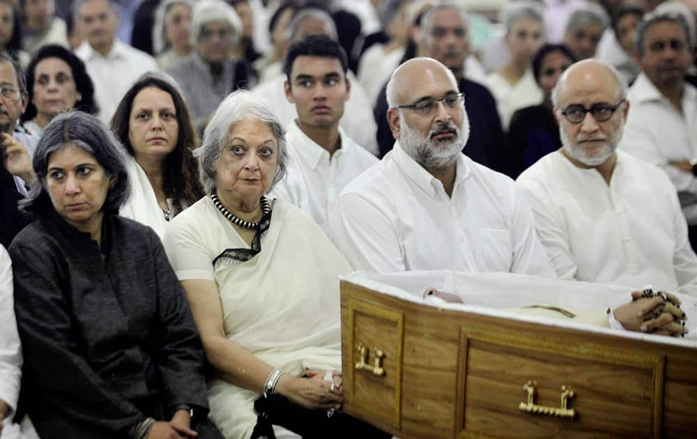 Family members and relative during the funeral mass of well- known architect Charles Correa at a church in Mumbai.