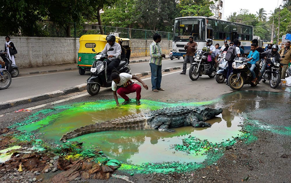 Baadal Nanjundaswamy, an artist from Bengaluru creates a temporary art installation with a model of a crocodile sitting inside a big pot hole posing problems for commuters, to draw attention of the Bruhat Bengaluru Mahanagara Palike on Sultanpalya main road in Bengaluru.