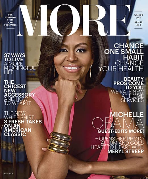 In this magazine cover image released by Meredith Corporation, first lady Michelle Obama graces the cover of the July/August issue of 'More.'