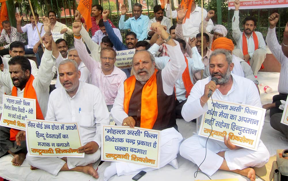 Rashtravadi Shiv Sena leaders protest against Mohalla Assi film in New Delhi.