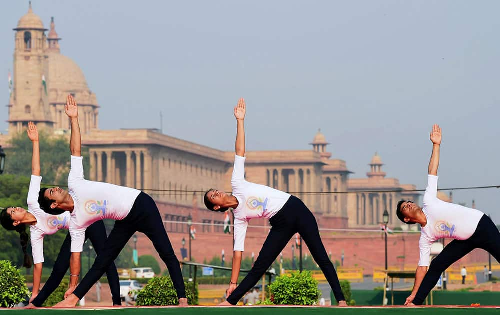 Participants of the International Yoga Day during the full dress rehearsal for the event in New Delhi.