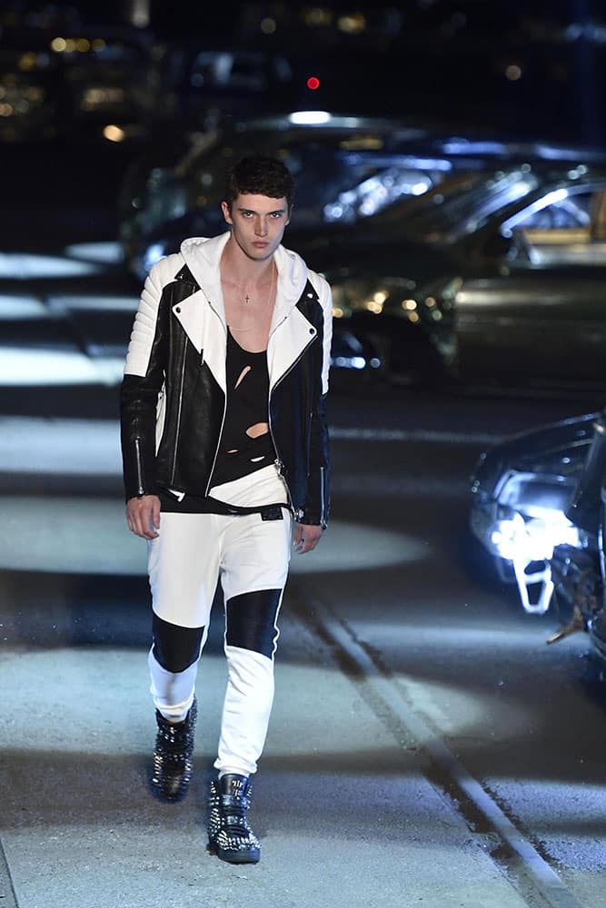 A model wears a creation as part of German designer Philipp Plein men's Spring/Summer 2016 collection, presented in Milan, Italy.